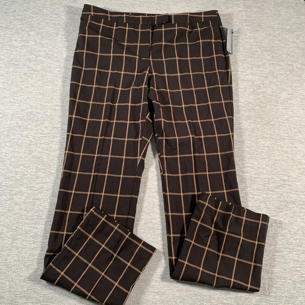 Worthington Pants Womens 14 Black Tan Windowpane Plaid Modern Fit Stretch Career